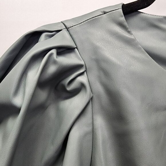 Zara Faux Leather‎ Ruched Puff Sleeve Dress Sold Out Seafoam Green Large - Picture 9 of 16